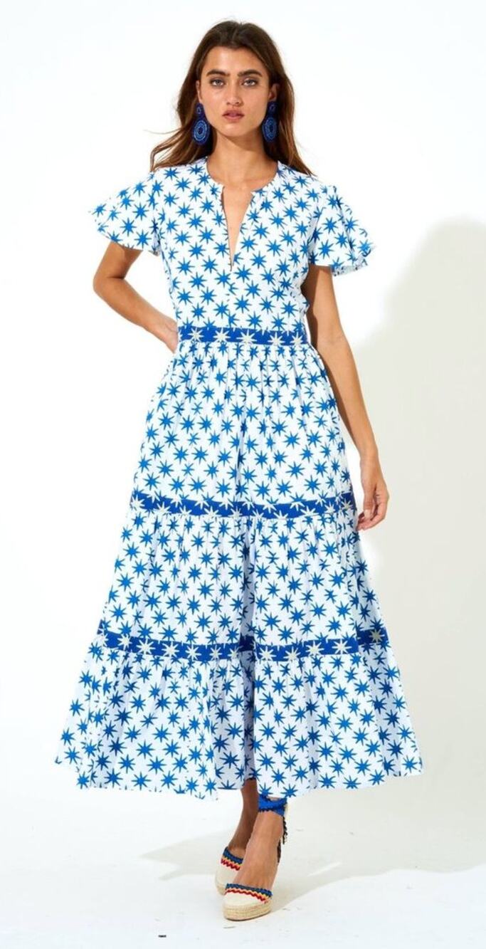 OLIPHANT Tuckernuck V-Neck Flutter Sleeve Maxi Tiered Blue Star Print Dress XS
